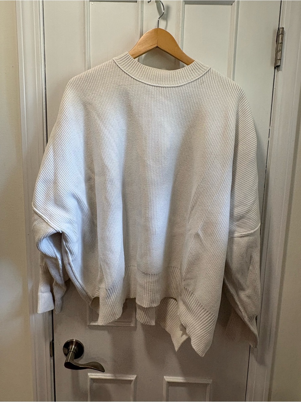 Free People Cream Ribbed Crewneck Pullover